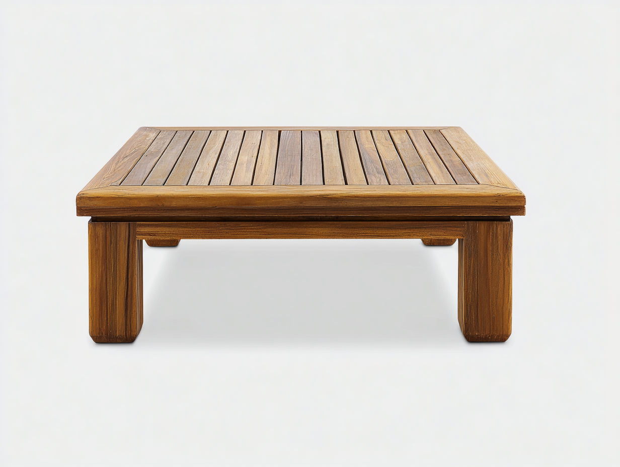 Gartentisch aus Massivholz 120 x 80 x 45 cm - Naturbraun - Niedrige Lattenplatte mit kräftigen Blockfüßen