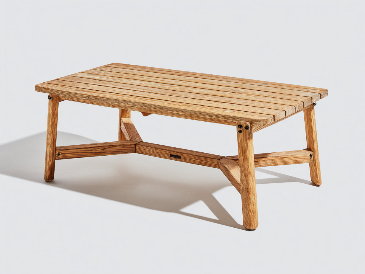 Gartentisch aus Holz 140 x 70 x 48 cm - Naturbraun - Rechteckige Lamellentischplatte mit verstrebtem Gestell