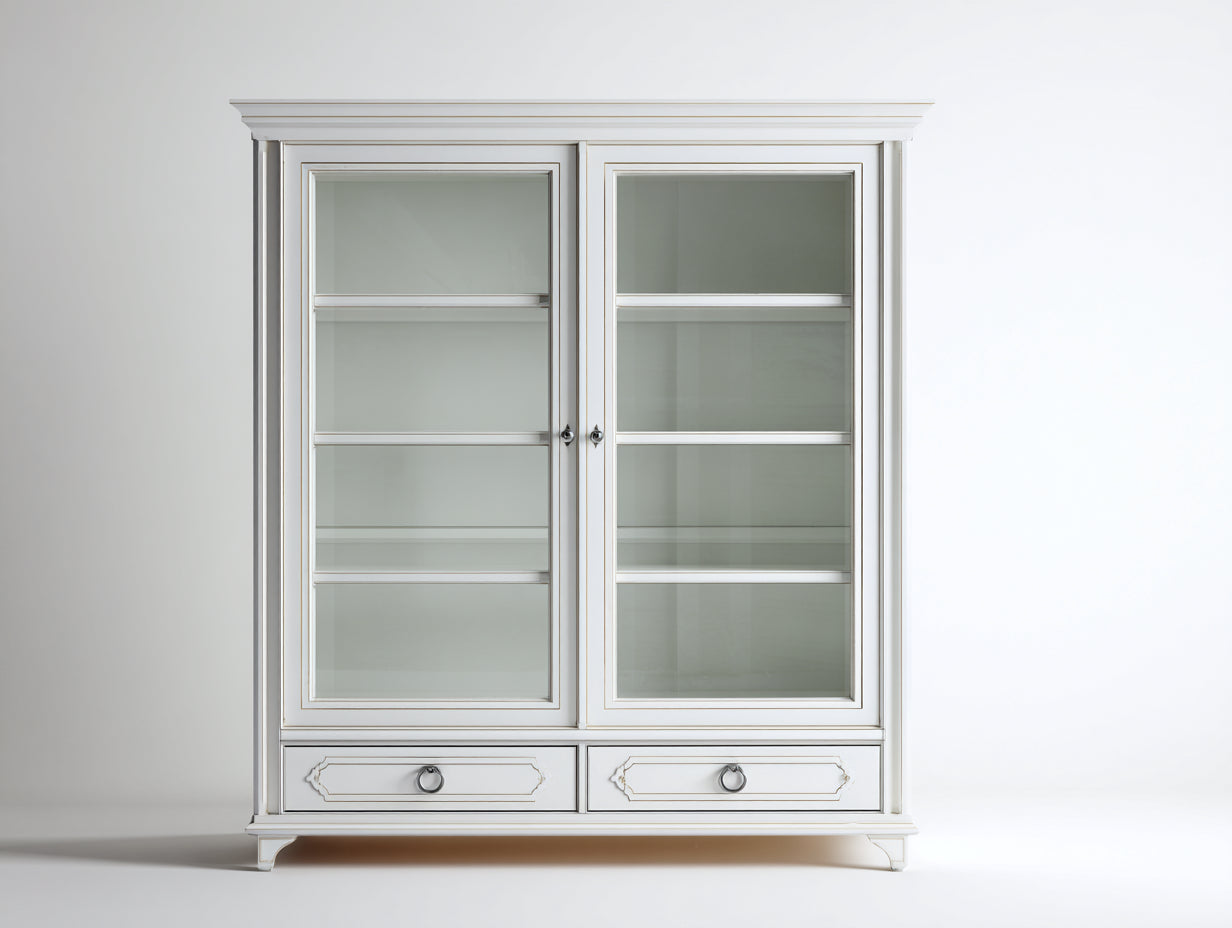 Bücherregal aus Holzwerkstoff und Glas 112 x 42 x 180 cm - Weiß - Klassisches Design mit 2 Türen und 2 Schubladen