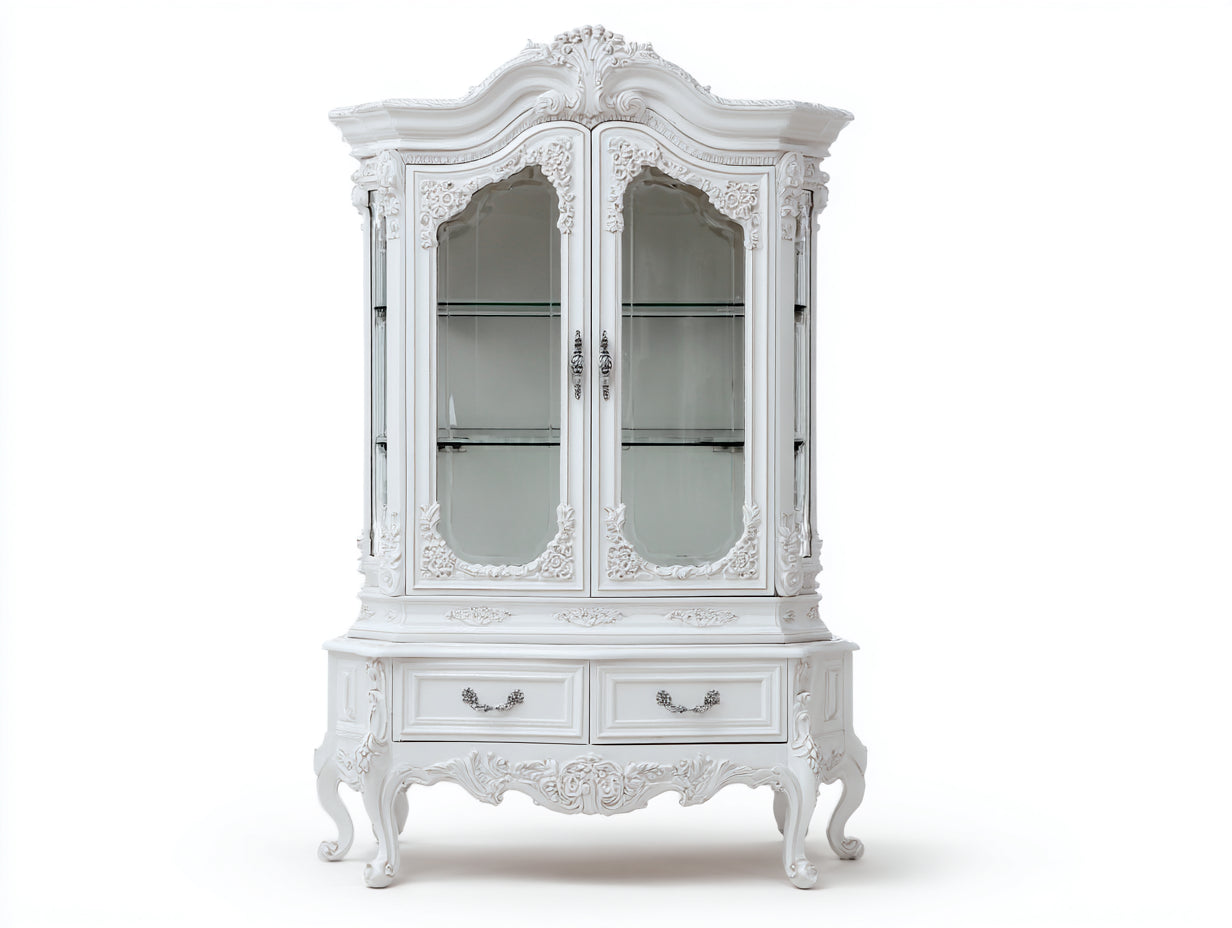 Bücherregal aus Holzwerkstoff und Glas 118 x 48 x 205 cm - Weiß - Barockstil mit 2 Glastüren und 2 Schubladen