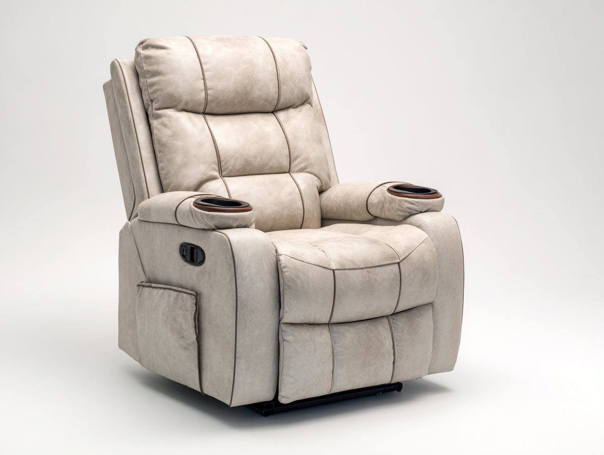 Liegesessel mit Mikrofaserbezug 98 x 94 x 105 cm - Hellbeige - Manuelle Relaxfunktion mit Getränkehaltern
