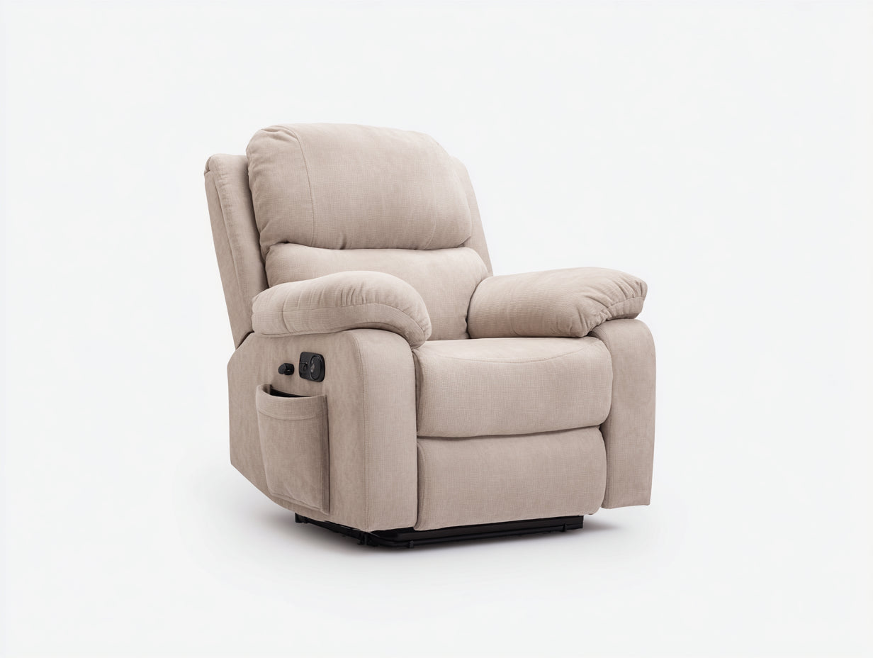 Liegesessel mit Stoffpolsterung 93 x 95 x 105 cm - Beige - Elektrisch verstellbar mit Seitentasche für Wohnzimmer