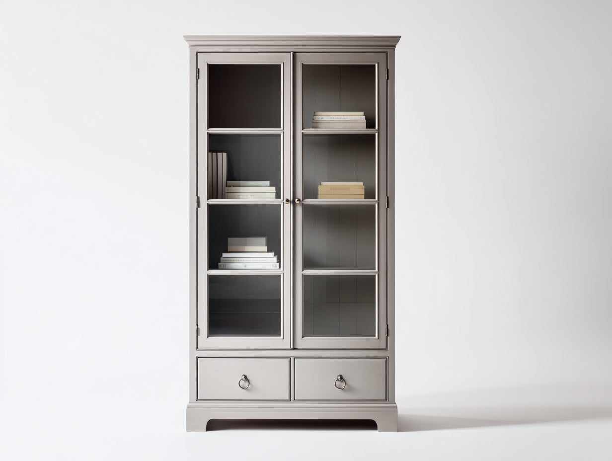 Bücherregal mit zwei Glastüren und zwei Schubladen 100 x 42 x 190 cm - Graubeige - klassisches Design für Wohnzimmer und Arbeitszimmer