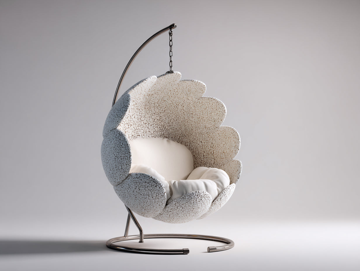 Hängesessel für Garten aus Kunststoffgeflecht und Metall 110 x 105 x 195 cm - Cremeweiß-Silber - Blütenförmiger Sitzkorb mit freistehendem Gestell