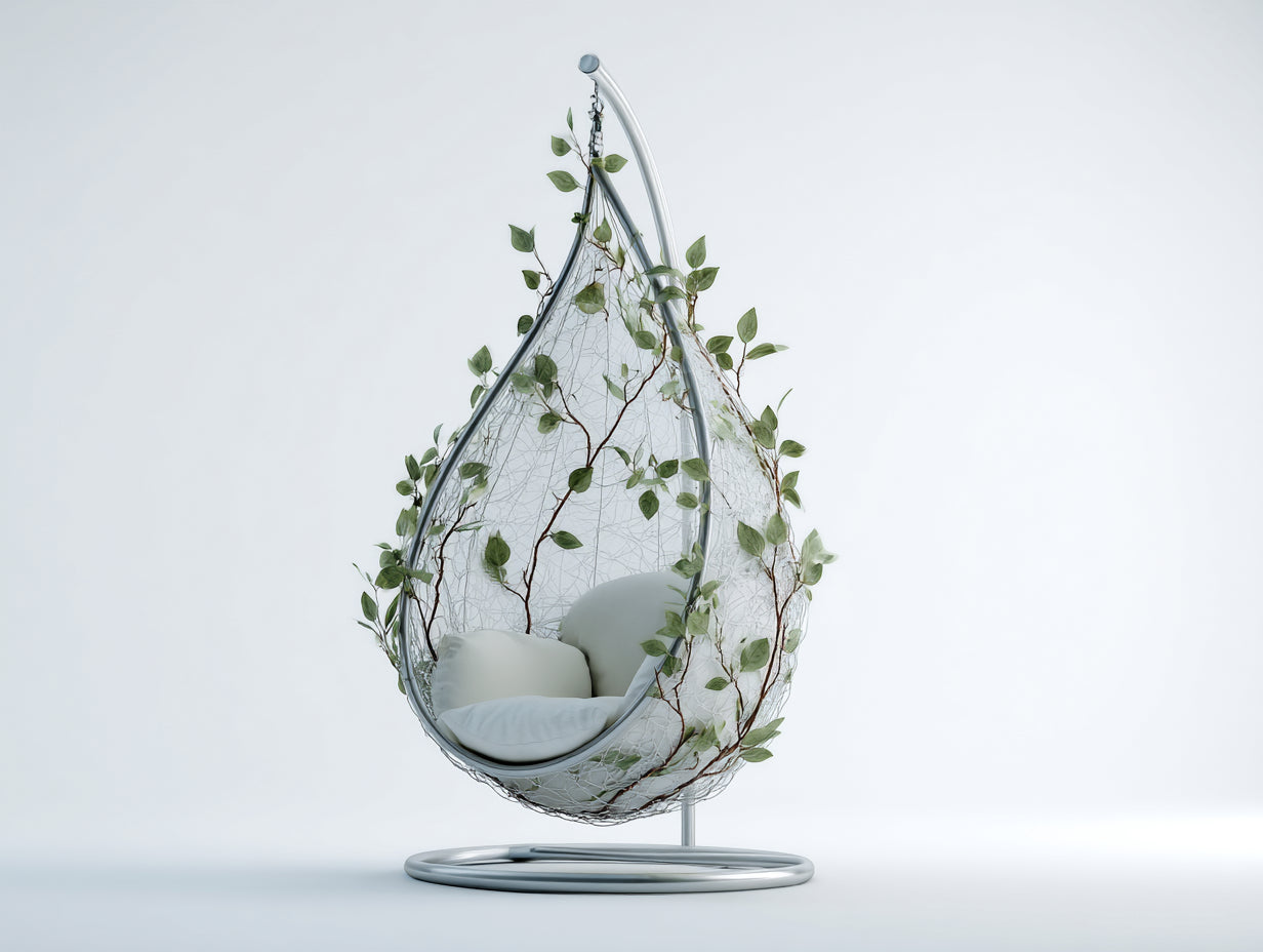 Hängesessel für Garten mit Metallgestell 110 x 105 x 205 cm - Silber und Hellgrau - Freistehendes Tropfendesign mit Schaukelfunktion