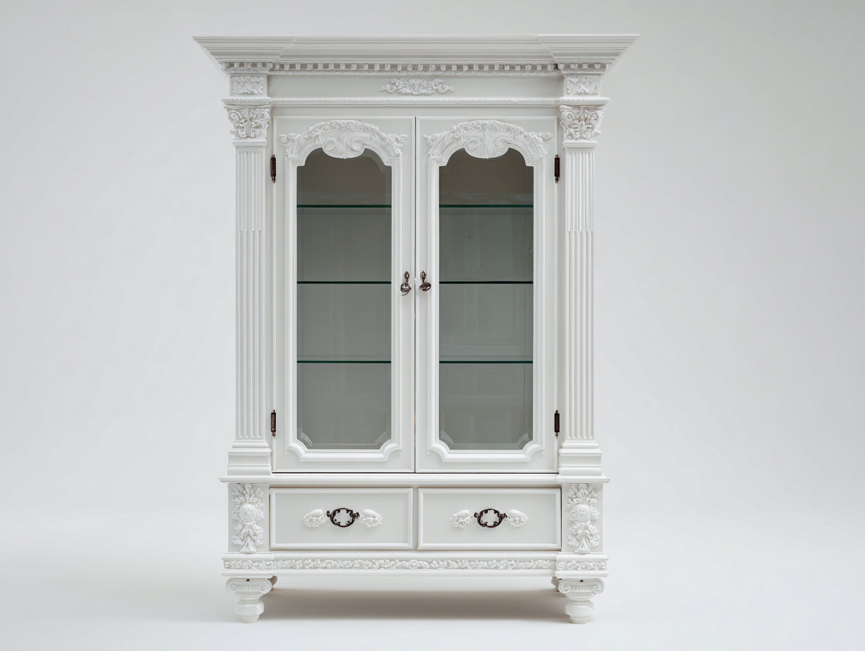 Bücherregal aus Holzwerkstoff und Glas 118 x 45 x 205 cm - Weiß - barockes Design mit zwei Schubladen