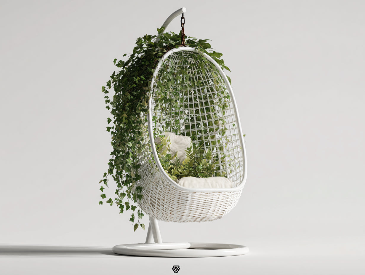 Hängesessel für Garten aus Polyrattan 105 x 105 x 195 cm - Weiß - Mit freistehendem Metallgestell