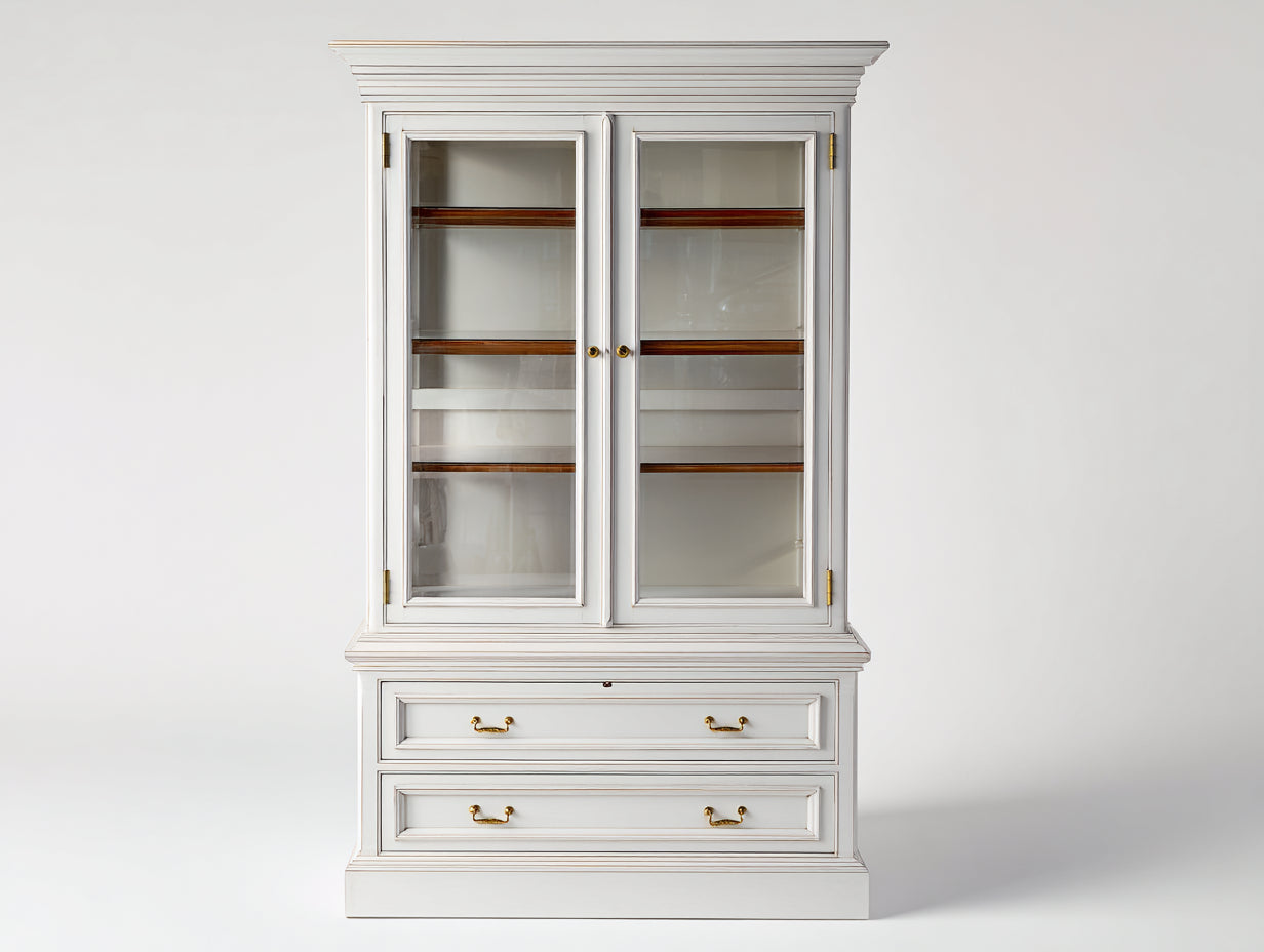 Bücherregal mit 2 Glastüren und 2 Schubladen 110 x 46 x 195 cm - Weiß - Klassischer Landhausstil