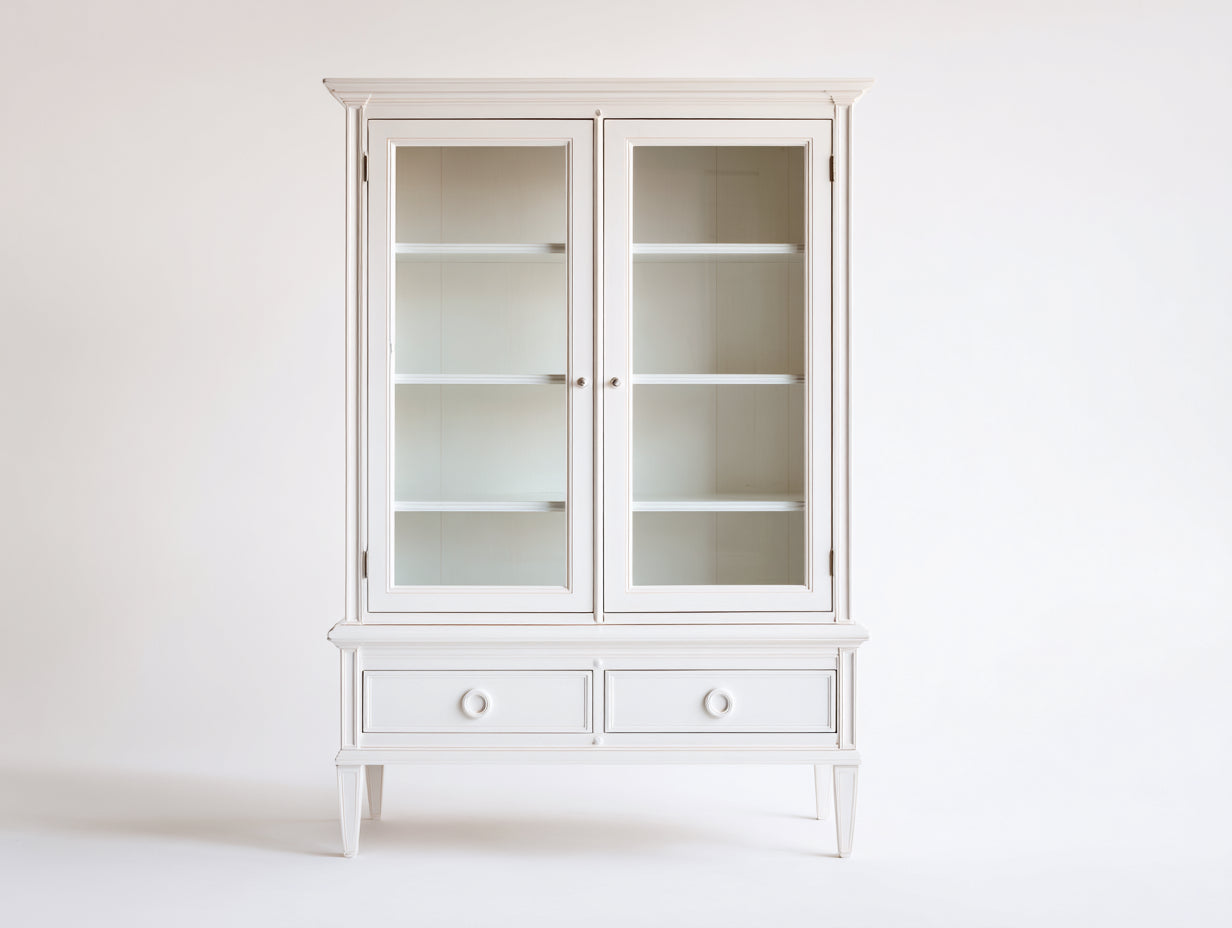 Bücherregal mit 2 Glastüren und 2 Schubladen 112 x 45 x 190 cm - Weiß - Klassisches Landhausdesign